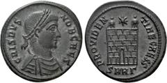 Roman Imperial Coins CRISPUS (Caesar, 316-326). Follis. Heraclea. Obv: CRISPVS NOB CAES. Laureate, draped and cuirassed bust right. Rev: PROVIDENTIAE CAESS / SMHΓ. Campgate with two turrets. RIC 75. C