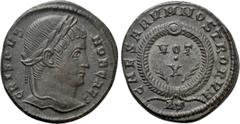 Roman Imperial Coins CRISPUS (Caesar, 316-326). Follis. Rome. Obv: CRISPVS NOB CAES. Laureate head right. Rev: CAESARVM NOSTRORVM / (two palms) RS. VOT / X in two lines within decorated wreath. RIC 24