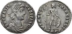 Roman Imperial Coins GRATIAN (367-383). Light Miliarense. Treveri. Obv: DN GRATIANVS PF AVG. Diademed, draped and cuirassed bust right. Rev: VIRTVS EXERCITVS / TRPS. Emperor standing left in military 
