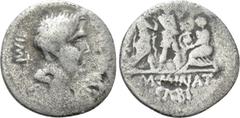 Roman Republican Coins CNAEUS POMPEY II. Denarius (46-45 BC). Corduba; M. Minatius Sabinus, proquaestor. Obv: IMP / CN MAGN. Bare head of Pompey the Great right. Rev: M MINAT / SABI. Soldier standing 