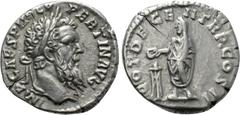 Roman Imperial Coins PERTINAX (193). Denarius. Rome. Obv: IMP CAES P HELV PERTIN AVG. Laureate head right. Rev: VOT DECEN TR P COS II. Pertinax standing left, sacrificing with patera over tripod to le