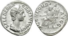 Roman Imperial Coins ORBIANA (Augusta, 225-227). Denarius. Rome. Obv: SALL BARBIA ORBIANA AVG. Draped bust right, wearing stephane. Rev: CONCORDIA AVGG. Concordia seated left on throne, holding patera