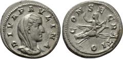 Roman Imperial Coins DIVA PAULINA (Died before 235). Denarius. Rome. Struck under Maximinus Thrax. Obv: DIVA PAVLINA. Veiled and draped bust right. Rev: CONSECRATIO. Diva Paulina, raising hand and hol