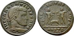 Roman Imperial Coins MAXENTIUS (307-312). Follis. Ostia. Obv: IMP C MAXENTIVS P F AVG. Laureate head right. Rev: AETERNITAS AVG N / M OST B. Wolf and twins between the Dioscuri standing facing each ot