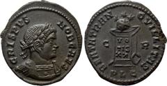 Roman Imperial Coins CRISPUS (Caesar, 316-326). Follis. Lugdunum. Obv: CRISPVS NOB CAES. Laureate and cuirassed bust right. Rev: BEATA TRANQVILLITAS / C - R / PLG. Altar surmounted by globe and inscri