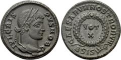 Roman Imperial Coins CRISPUS (Caesar, 316-326). Follis. Siscia. Obv: IVL CRISPVS NOB C. Laureate head right. Rev: CAESARVM NOSTRORVM / ΒSIS (sun). VOT / X in two lines within wreath. RIC 181. Conditio