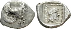 Greek Coins DYNASTS OF CARIA. Orou. Local Dynast (Circa 450-400 BC). Quarter Stater. Obv: Forepart of winged, man-headed bull right. Rev: OF OV. Head of female right in dotted square border within inc