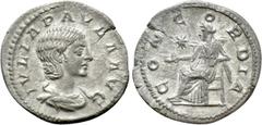 Roman Imperial Coins JULIA PAULA (Augusta, 219-220). Denarius. Antioch. Obv: IVLIA PAVLA AVG. Draped bust right. Rev: CONCORDIA. Concordia seated left on throne, holding patera; star to left. RIC 211 