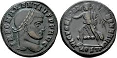 Roman Imperial Coins MAXENTIUS (309-312). Follis. Ostia. Obv: IMP C MAXENTIVS P F AVG. Laureate head right. Rev: VICTORIA AETERNA AVG N / MOSTP. Victory advancing left with wreath and palm branch. RIC