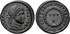 Roman Imperial Coins CRISPUS (Caesar, 316-326). Follis. Siscia. Obv: IVL CRISPVS NOB C. Laureate head right. Rev: CAESARVM NOSTRORVM / BSIS (palm). VOT / X in two lines within wreath. RIC 175. Conditi