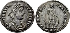 Roman Imperial Coins GRATIAN (367-383). Light Miliarense. Treveri. Obv: DN GRATIANVS PF AVG. Diademed, draped and cuirassed bust right. Rev: VIRTVS EXERCITVS / TRPS. Emperor standing left in military 