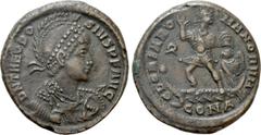 Roman Imperial Coins THEODOSIUS I (379-395). Ae. Constantinople. Obv: D N THEODOSIVS P F AVG. Helmeted, diademed, draped and cuirassed bust right, holding shield and spear. Rev: GLORIA ROMANORVM / CON