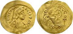 Byzantine Coins JUSTINIAN I (527-565). GOLD Semissis. Constantinople. Obv: D N IVSTINIANVS P P AVG. Diademed, draped and cuirassed bust right. Rev: VICTORIA AVGGG / CONOB. Victory seated right on shie