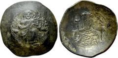 Byzantine Coins ALEXIUS I COMNENUS (1081-1118). Billon-Aspron Trachy. Constantinople. Obv: IC - XC. Christ Pantokrator seated facing. Rev: AΛEΞIW ΔECΠ. Facing bust of Alexius, wearing crown and loros,