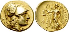 Greek Coins KINGS OF THRACE (Macedonian). Lysimachos (305-281 BC). GOLD Stater. Lysimacheia. Obv: Helmeted head of Athena right. Rev: BAΣIΛEΩΣ / ΛYΣIMAXOY. Nike standing left, holding wreath and styli