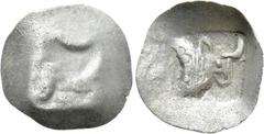 Greek Coins LYCIA or CARIA. Uncertain (?). Tetartemorion (Circa 5th century BC). Obv: Forepart of bull right. Rev: Incuse of obverse. SNG Kayhan -; SNG Turkey, Mugla Museum -; BMC -; SNG von Aulock -;
