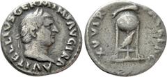 Roman Imperial Coins VITELLIUS (69). Denarius. Rome. Obv: A VITELLIVS GERM IMP AVG TR P. Laureate head right. Rev: XV VIR SACR FAC. Tripod surmounted by dolphin right; below, raven right. RIC² 109. Co
