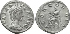 Roman Imperial Coins JULIA PAULA (Augusta, 219-220). Denarius. Rome. Obv: IVLIA PAVLA AVG. Draped bust right. Rev: CONCORDIA. Concordia seated left on throne, holding patera; star to left. RIC 211 (El