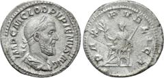 Roman Imperial Coins PUPIENUS (238). Denarius. Rome. Obv: IMP C M CLOD PVPIENVS AVG. Laureate, draped and cuirassed bust right. Rev: PAX PVBLICA. Pax seated left on throne, holding branch and sceptre.