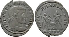 Roman Imperial Coins MAXENTIUS (307-312). Follis. Ostia. Obv: IMP C MAXENTIVS P F AVG. Laureate head right. Rev: AETERNITAS AVG N / M OST Γ. Wolf and twins between the Dioscuri standing facing each ot