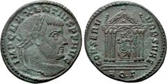Roman Imperial Coins MAXENTIUS (307-312). Follis. Aquileia. Obv: IMP C MAXENTIVS P F AVG. Laureate head right. Rev: CONSERV VRB SVAE / AQ Γ. Roma seated facing in hexastyle temple, head left, holding 