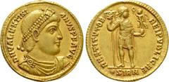 Roman Imperial Coins VALENTINIAN I (364-375). GOLD Solidus. Sirmium. Obv: D N VALENTINIANVS P F AVG. Diademed, draped and cuirassed bust right. Rev: RESTITVTOR REIPVBLICAE / * SIRM. Emperor standing f