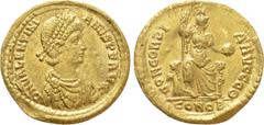 Roman Imperial Coins VALENTINIAN II (375-392). GOLD Solidus. Constantinople. Obv: D N VALENTINIANVS P F AVG. Diademed, draped and cuirassed bust right. Rev: CONCORDIA AVGGG Θ / CONOB. Constantinopolis