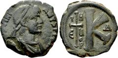Byzantine Coins JUSTINIAN I (527-565). Half Follis. Theoupolis (Antioch). Obv: DN IVSTINIANVS PP AV. Diademed, draped and cuirassed bust right. Rev: THEUP / E. Large K; to left cross. MIBE 134; Sear 2