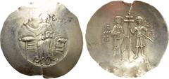 Byzantine Coins JOHN II COMNENUS (1118-1143). EL Aspron Trachy. Constantinople. Obv: IC - XC. Christ Pantokrator seated facing on throne. Rev: John and St. George, holding sword-in-scabbard, standing 