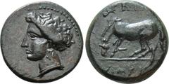 Greek Coins THESSALY. Larissa. Ae Dichalkon (Early to mid 4th century BC). Obv: Head of nymph Larissa left. Rev: ΛAPI / ΣAIΩN. Horse crouching left. Rogers 300, fig. 147; BCD Thesally 382.1. Condition