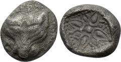 Greek Coins IONIA. Miletos. 1/16 Stater (Late 6th-early 5th centuries BC). Obv: Facing head of lion or panther. Rev: Stellate design, pelleted border around; all within incuse square. Cf. SNG Kayhan 4