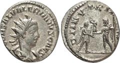 Roman Imperial Coins SALONINUS (Caesar, 258-260). Antoninianus. Antioch. Obv: P COR SAL VALERIANVS CAES. Radiate, draped and cuirassed bust right. Rev: DII NVTRITORES. Prince standing right, holding s