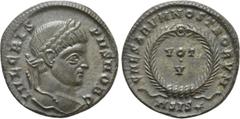 Roman Imperial Coins CRISPUS (Caesar, 316-326). Follis. Siscia. Obv: IVL CRISPVS NOB C. Laureate head right. Rev: CAESARVM NOSTRORVM / ASIS (star). VOT / V in two lines within wreath. RIC 161. Conditi