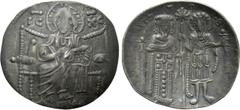 Byzantine Coins EMPIRE OF NICAEA. Theodore I Comnenus-Lascaris (1208-1222). Trachy. Magnesia. Obv: IC - XC. Christ Pantokrator seated facing on throne; stalk surmounted by pellet to left and right. Re