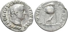 Roman Imperial Coins VITELLIUS (69). Denarius. Rome. Obv: A VITELLIVS GERM IMP AVG TR P. Laureate head right. Rev: XV VIR SACR FAC. Tripod surmounted by dolphin right; below, raven right. RIC² 109. Co