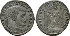 Roman Imperial Coins MAXENTIUS (307-312). Follis. Aquileia. Obv: IMP C MAXENTIVS P F AVG. Laureate head right. Rev: CONSERV VRB SVAE / AQ Γ. Roma seated left on shield, holding spear and presenting gl