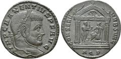 Roman Imperial Coins MAXENTIUS (307-312). Follis. Aquileia. Obv: IMP C MAXENTIVS P F AVG. Laureate head right. Rev: CONSERV VRB SVAE / AQP. Hexastyle temple, containing Roma seated left on throne, hol