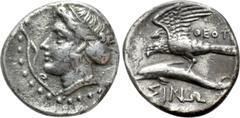 Greek Coins PAPHLAGONIA. Sinope. Drachm (Circa 330-300 BC). Theot-, magistrate Obv: Head of nymph left, with hair in sakkos; aphlaston to left. Rev: ΘΕΟΤ / ΣINΩ. Sea-eagle standing left, with wings sp