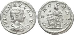 Roman Imperial Coins JULIA PAULA (Augusta, 219-220). Denarius. Antioch Obv: IVLIA PAVLA AVG. Draped bust right. Rev: CONCORDIA. Concordia seated left on throne, holding patera; star to left. RIC 211 (