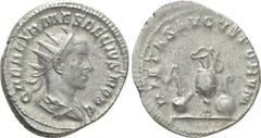 Roman Imperial Coins HERENNIUS ETRUSCUS (Caesar, 249-251). Antoninianus. Rome Obv: Q HER ETR MES DECIVS NOB C. Radiate, draped and cuirassed bust right. Rev: PIETAS AVGVSTORVM. Emblems of the pontific