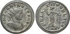 Roman Imperial Coins CARINUS (283-285). Antoninianus. Ticinum Obv: IMP CARINVS P F AVG. Radiate, draped and cuirassed bust right. Rev: FELICIT PVBLICA / QXXI. Felicitas standing facing, head left, hol