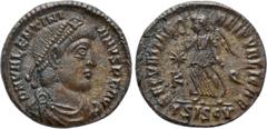 Roman Imperial Coins VALENTINIAN I (364-375). Ae. Siscia Obv: D N VALENTINIANVS P F AVG. Diademed, draped and cuirassed bust right. Rev: SECVRITAS REI PVBLICAE / star / K - Q / ΓSISCV. Victory advanci