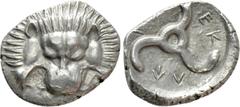 Greek Coins DYNASTS OF LYCIA. Perikles (Circa 380-360 BC). Tetrobol. Uncertain mint, possibly Limyra. Obv: Facing scalp of lion. Rev: Triskeles within incuse circle. Müseler VIII.49-51; SNG von Aulock