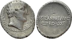 Roman Republican Coins MARK ANTONY. Denarius (32 BC). Athens. M. Junius Silanus, proconsul. Obv: ANTON AVG IMP III COS DES III III V R P C. Bare head right. Rev: M SILANVS AVG / Q PRO COS. Legend in t
