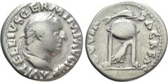 Roman Imperial Coins VITELLIUS (69). Denarius. Rome. Obv: A VITELLIVS GERM IMP AVG TR P. Laureate head right. Rev: XV VIR SACR FAC. Tripod surmounted by dolphin right; below, raven right. RIC² 109. Co
