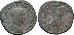 Roman Imperial Coins GORDIAN II (238). Sestertius. Rome. Obv: IMP CAES M ANT GORDIANVS AFR AVG. Laureate, draped and cuirassed bust right. Rev: ROMAE AETERNAE / S C. Roma seated left on throne, holdin