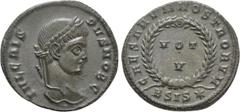 Roman Imperial Coins CRISPUS (Caesar, 316-326). Follis. Siscia. Obv: IVL CRISPVS NOB C. Laureate head right. Rev: CAESARVM NOSTRORVM / BSIS (star). VOT / V in two lines within wreath. RIC 161. Conditi