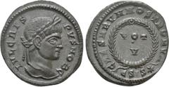 Roman Imperial Coins CRISPUS (Caesar, 316-326). Follis. Siscia. Obv: IVL CRISPVS NOB C. Laureate head right. Rev: CAESARVM NOSTRORVM / ESIS (star). VOT / V in two lines within wreath. RIC 161. Conditi