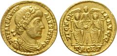 Roman Imperial Coins VALENTINIAN I (364-375). GOLD Solidus. Treveri. Obv: D N VALENTINIANVS P F AVG. Diademed, draped and cuirassed bust right. Rev: VICTORIA AVGG / TROBT. Valentinian and Valens seate