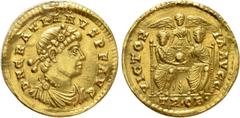 Roman Imperial Coins GRATIAN (367-383). GOLD Solidus. Treveri. Obv: D N GRATIANVS P F AVG. Diademed, draped and cuirassed bust right. Rev: VICTORIA AVGG / TR•OB•. Valentinian I and Gratian seated faci